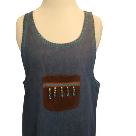 Vintage 90s Western Denim Jean Pinafore Dress Long Maxi Sleeveless Suede Sz M/L - Picture 3 of 9